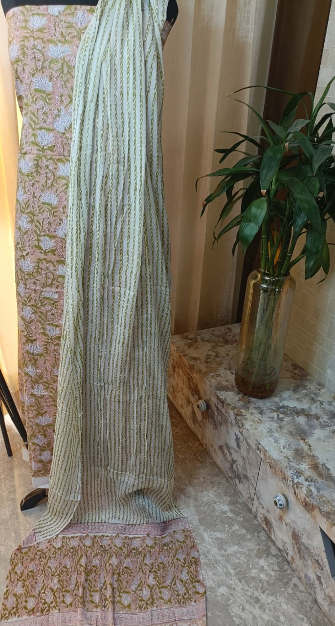 Premium BAGRU hand block cotton 3 pc Suit with Chiffon Dupatta