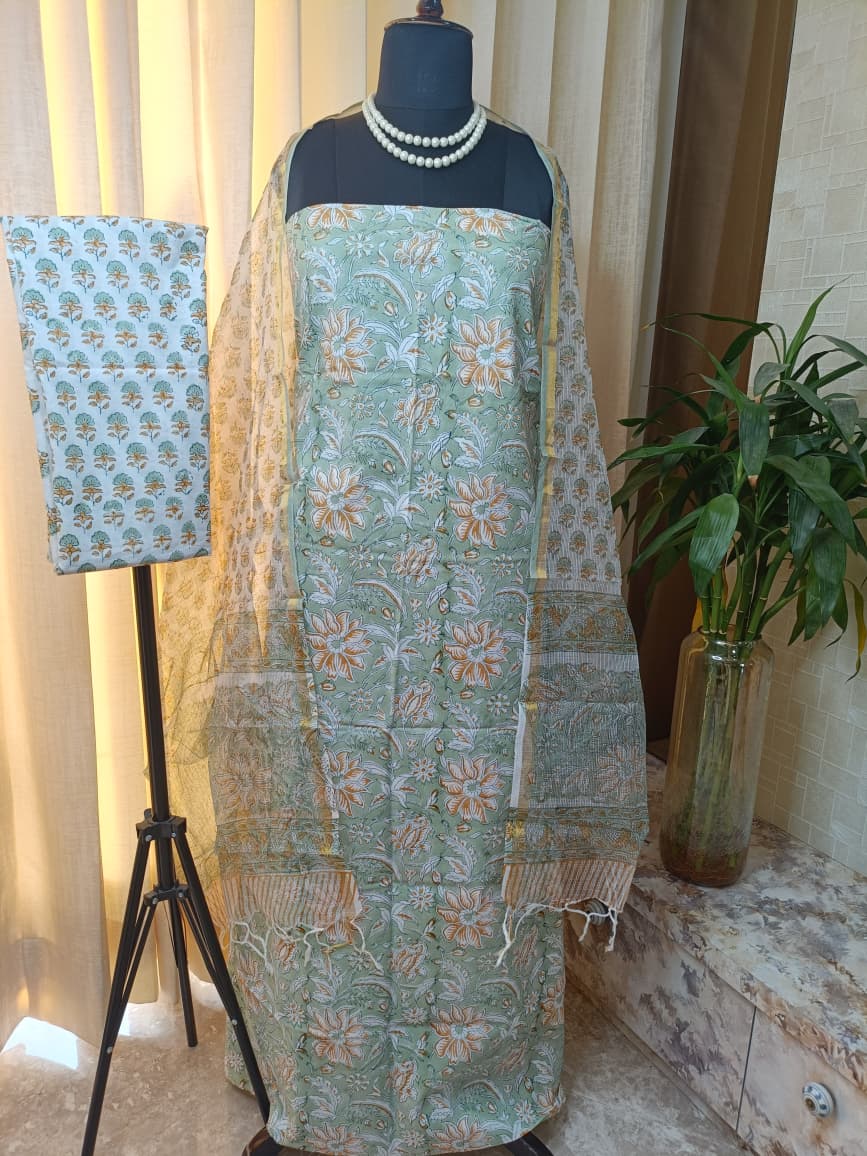 Premium BAGRU hand block cotton 3 pc Suit with Kota Dupatta