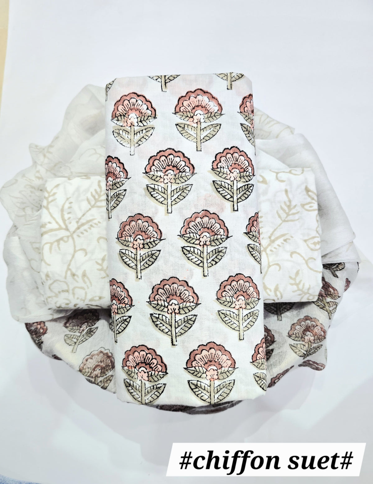 Premium BAGRU hand block cotton 3 pc Suit with Chiffon Dupatta