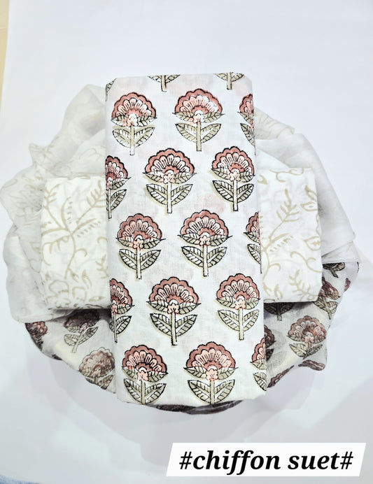 Premium BAGRU hand block cotton 3 pc Suit with Chiffon Dupatta
