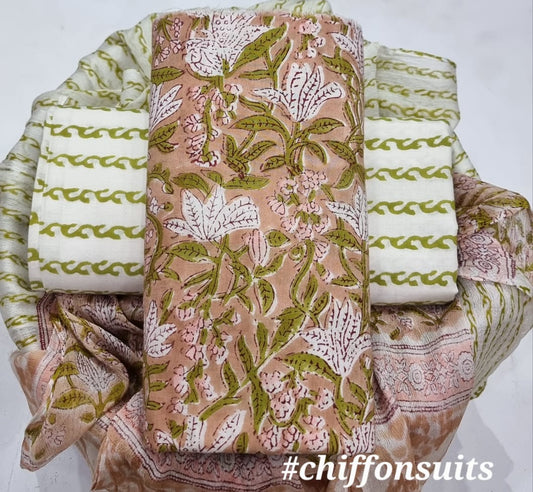 Premium BAGRU hand block cotton 3 pc Suit with Chiffon Dupatta