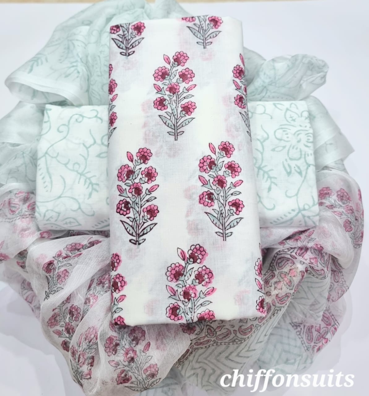 Premium BAGRU hand block cotton 3 pc Suit with Chiffon Dupatta