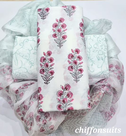 Premium BAGRU hand block cotton 3 pc Suit with Chiffon Dupatta