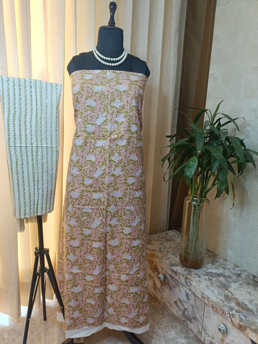 Premium BAGRU hand block cotton 3 pc Suit with Chiffon Dupatta