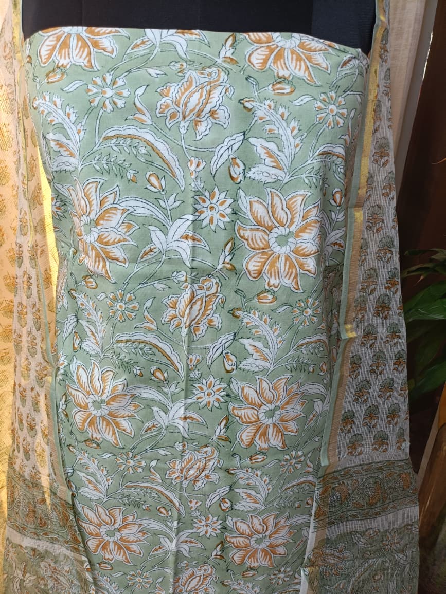 Premium BAGRU hand block cotton 3 pc Suit with Kota Dupatta