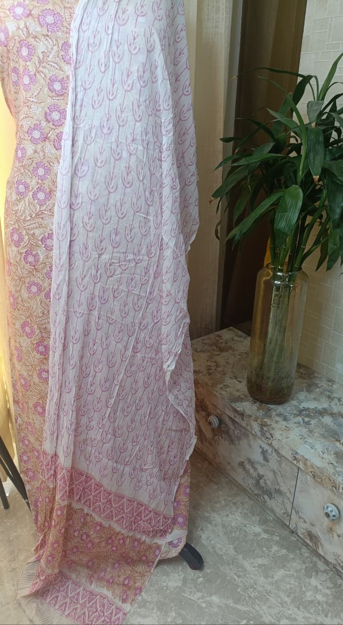 Premium BAGRU hand block cotton 3 pc Suit with chiffon Dupatta