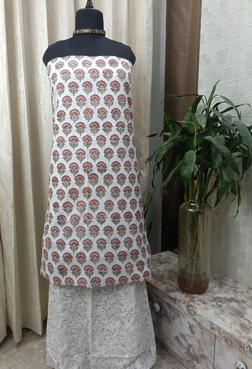 Premium BAGRU hand block cotton 3 pc Suit with Chiffon Dupatta