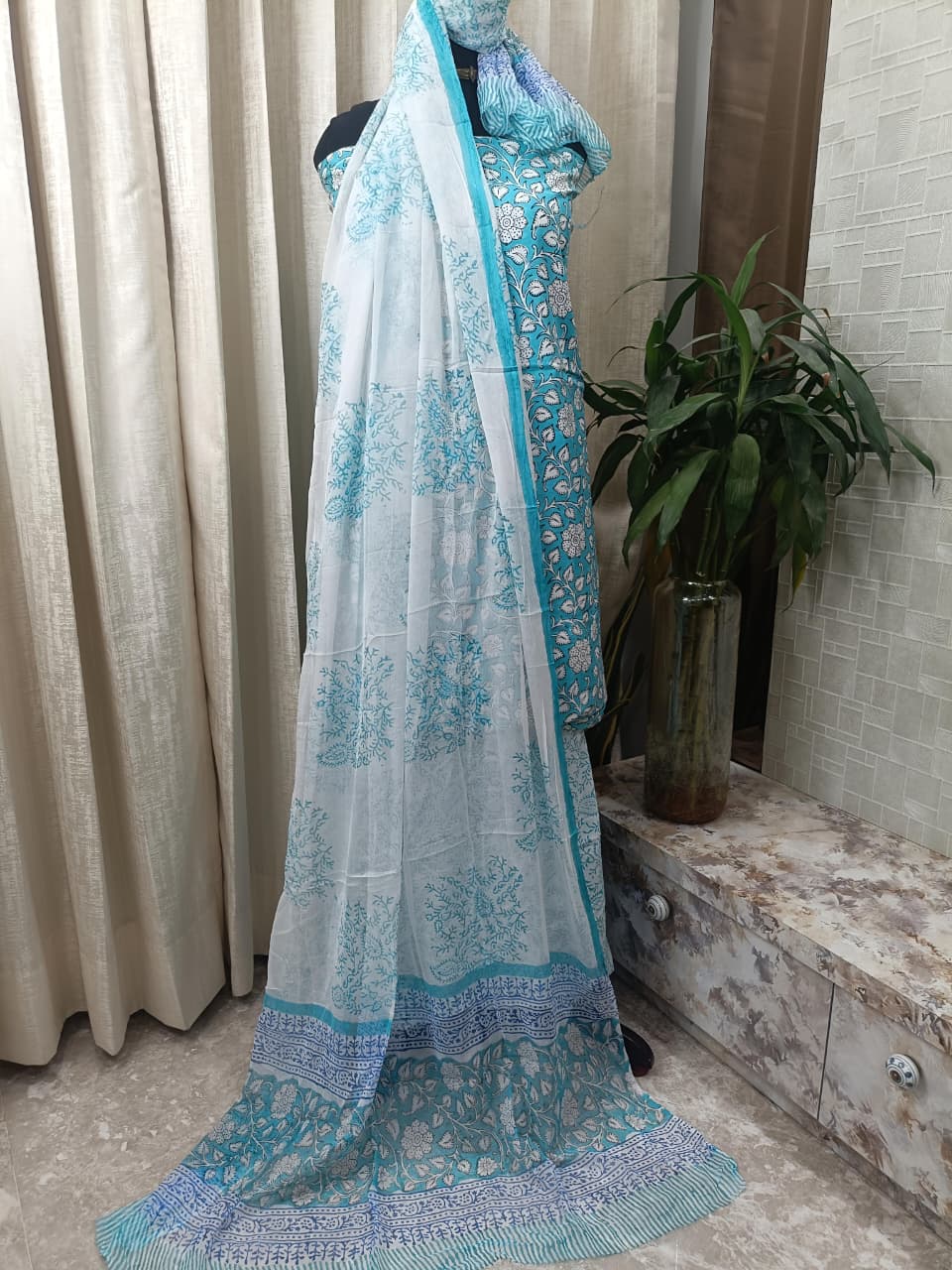 Premium BAGRU hand block cotton 3 pc Suit with Chiffon Dupatta