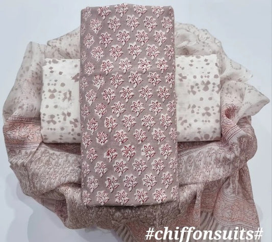 Premium BAGRU hand block cotton 3 pc Suit with Chiffon Dupatta