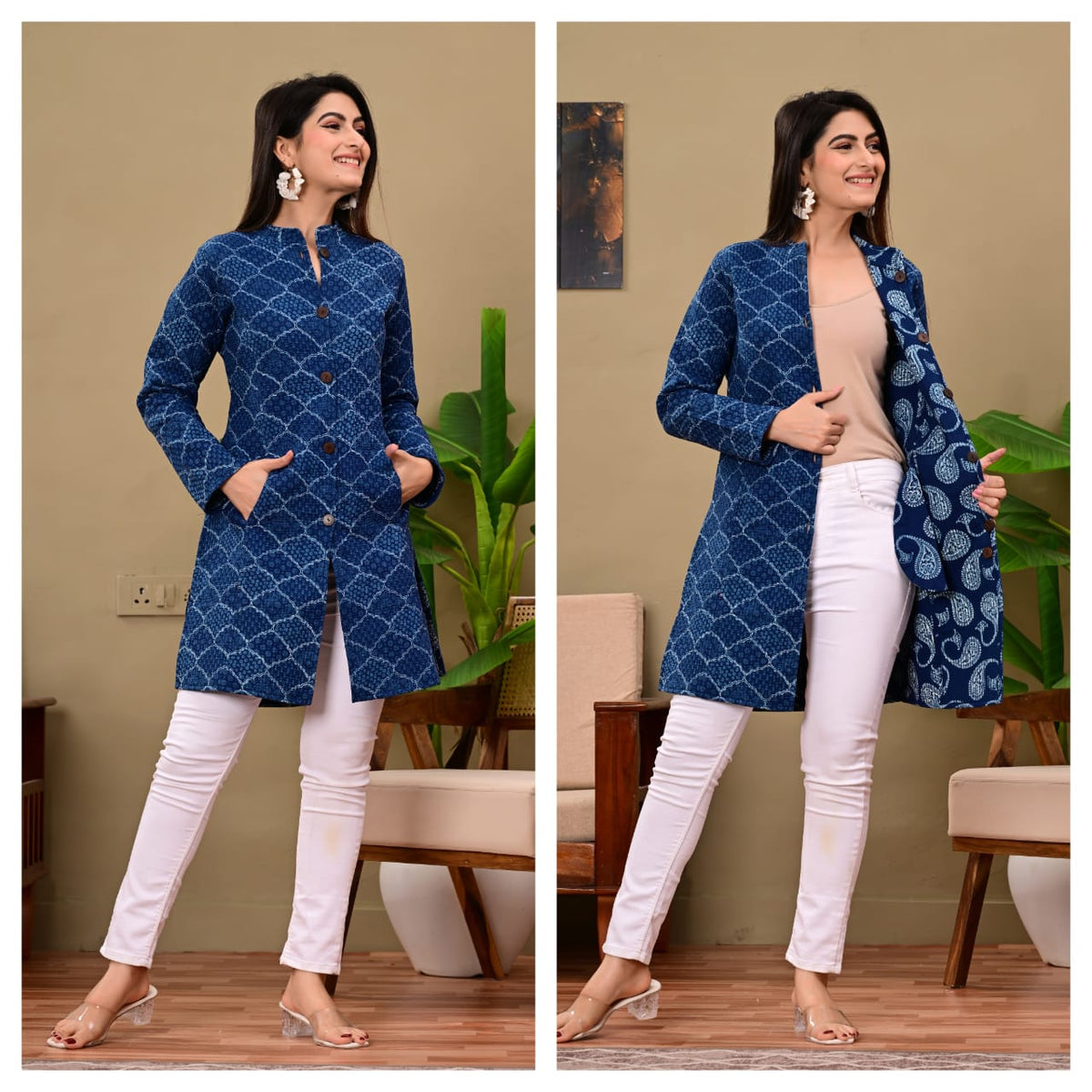 Long Reversiblt Quilted Designer Jacket