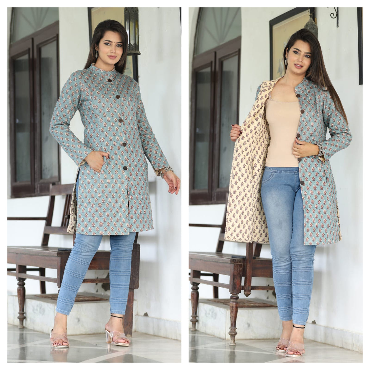 Long Reversiblt Quilted Designer Jacket