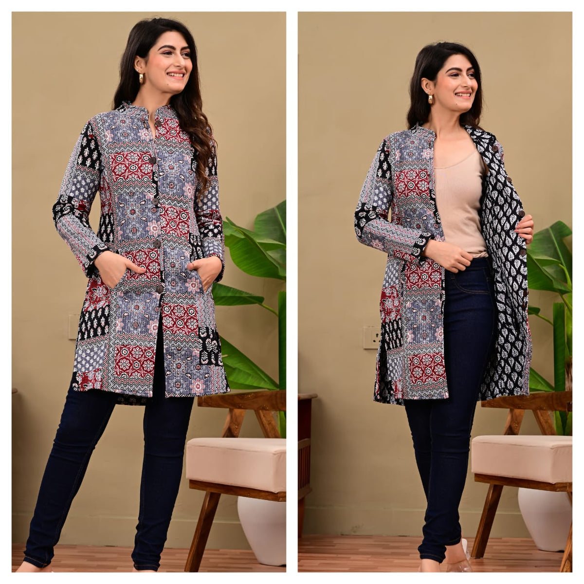 Long Reversiblt Quilted Designer Jacket